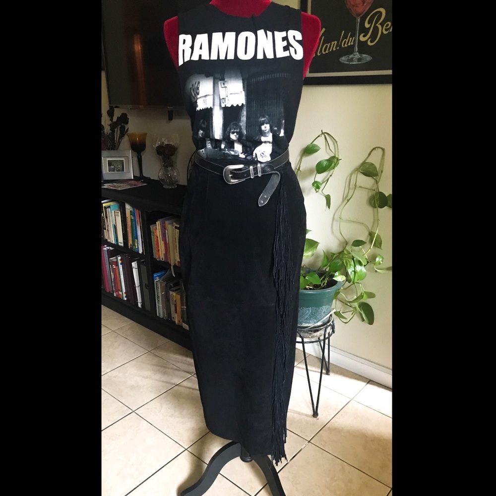 Vintage leather/ suede fringe maxi skirt.